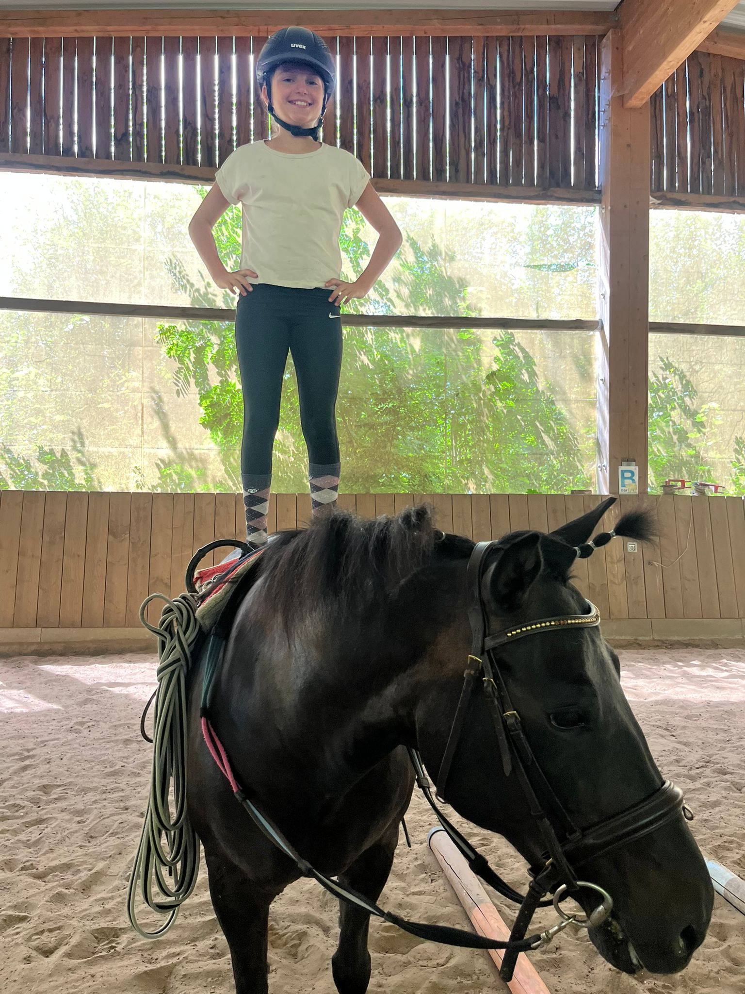 Mädchen steht balancierend auf dem Rücken eines schwarzen Ponys